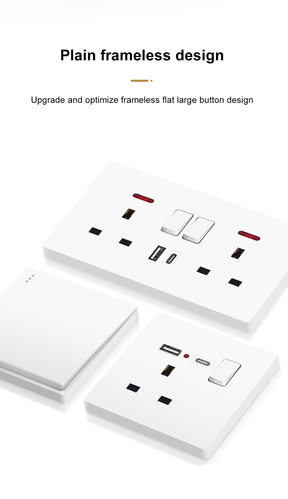 Description Picture 4 of itemStandard UK Socket with USB Type-C 5V 2.1A, 146*86mm Plastic Panel, Double Electrical Outlets with Switches UK Usb Plug