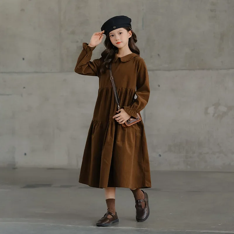 

Girls Princess Dress 2023 Autumn and Winter Kids New Corduroy Long-Sleeved Dress Children Loose Clothing Elegant Kids Dresses