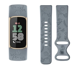 Silicone Floral Watch Band Replacement - Fitbit Charge 6 (Blue Gray)