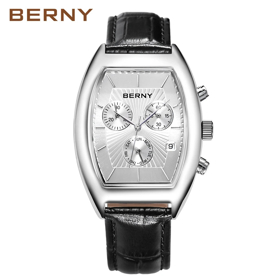 BERNY Orologio Uomo Quarzo: Cassa Rettangolare Acciaio, Cinturino Pelle, Quadrante Con Data - Colori Nero, Bianco, Grigio, Oro Rosa - 3
