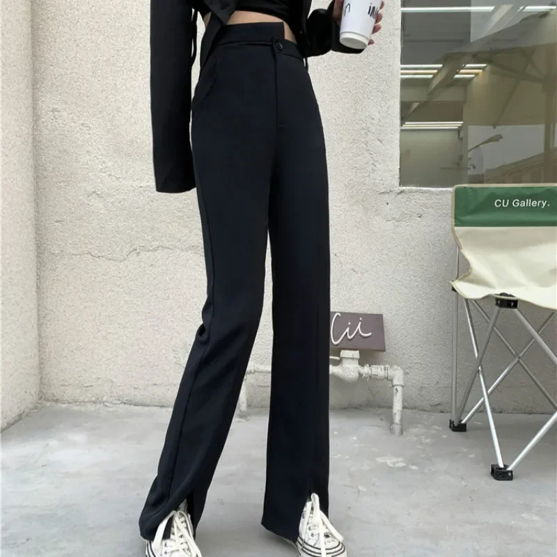 Women Spring Summer Chic Slit Trousers Solid Color Elegant Pants 2024 High Street Fashion Irregular High Waist Flare Female Pant