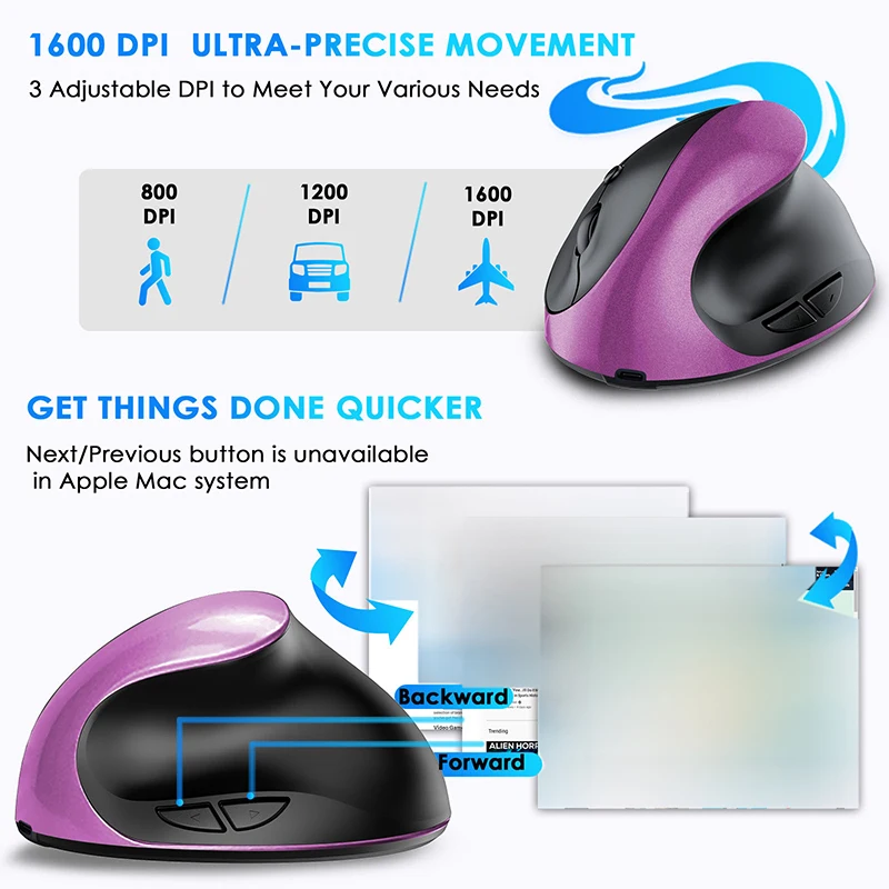 Bluetooth+2.4g Wireless Vertical Mouse Rechargeable Wireless Silent Mice for Win/Android/iOS Ergonomic Mouse