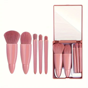 5pcs Mini Makeup Brush Set with Mirror - Multifunctional Travel Cosmetic Brushes, Unscented, Palm Brush Design Makeup Tools 1