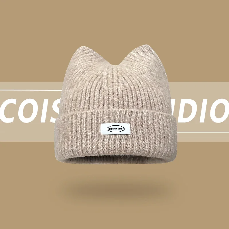 Korean Version New Cute Cat Ear Letter Patch Knitted Hat Women's Autumn and Winter Thickened Warm Versatile Simple Beanie Cap 3