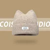 Korean Version New Cute Cat Ear Letter Patch Knitted Hat Women's Autumn and Winter Thickened Warm Versatile Simple Beanie Cap 3