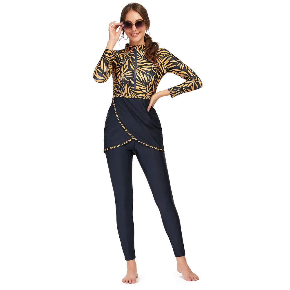 New Muslim swimsuit long sleeved pants three piece set with conservative sun protection and chest pad