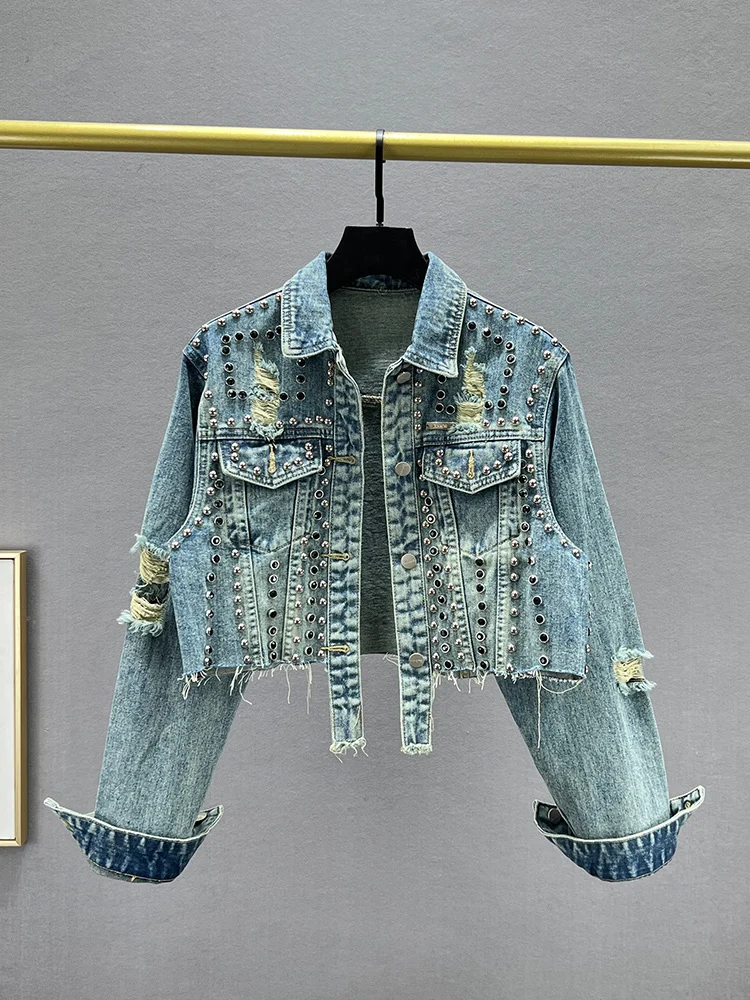 

Streetwear Ripped Denim Coat Women's Short Jacket 2024 New Autumn Loose Slimming Heavy Industry Rivets Jean Jacket Outer Wear