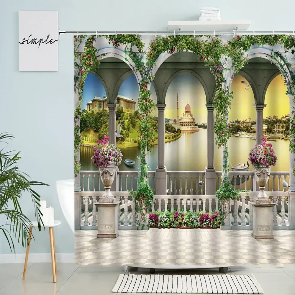 

Занавеска для душа с природным пейзажем, арочный садовый штор с колоннами, цветами, виноградной лозой, зелеными растениями, европейские города, с видом на реку, занавеска для ванной комнаты