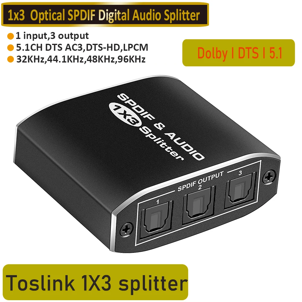 Interruptor toslink Spdif 3x1, interruptor de áudio óptico digital, divisor 1 em 3 out adaptador spdif com suporte toslink dts ac3