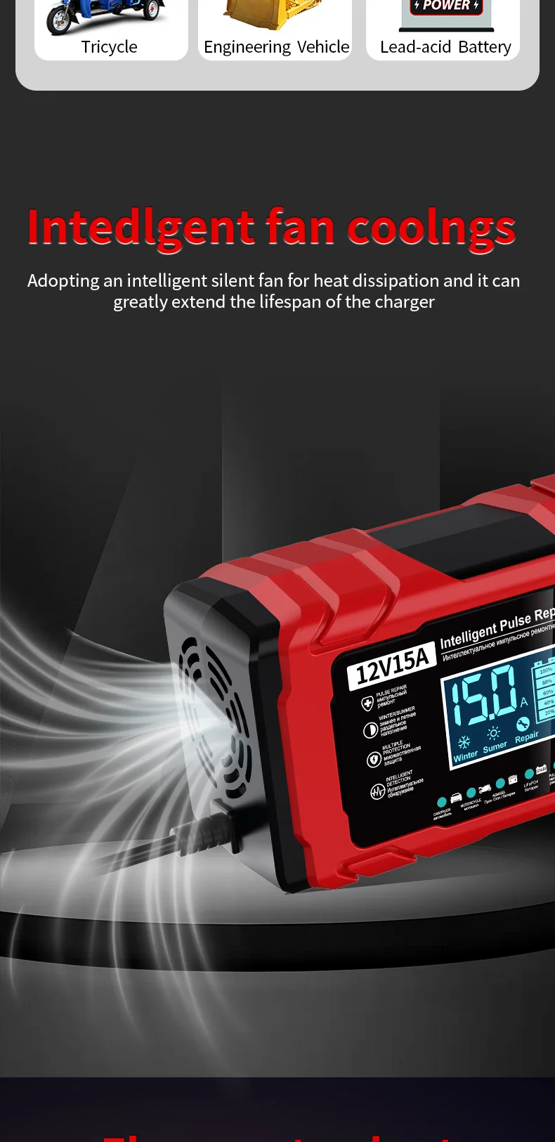 12V 15A Smart Auto Batterie Ladegerät 14,6V 15A Elektrische Motorräder Ladegerät Für Lifepo4 Blei Säure AGM GEL PB Lithium-Batterie Reparatur – Detail 7