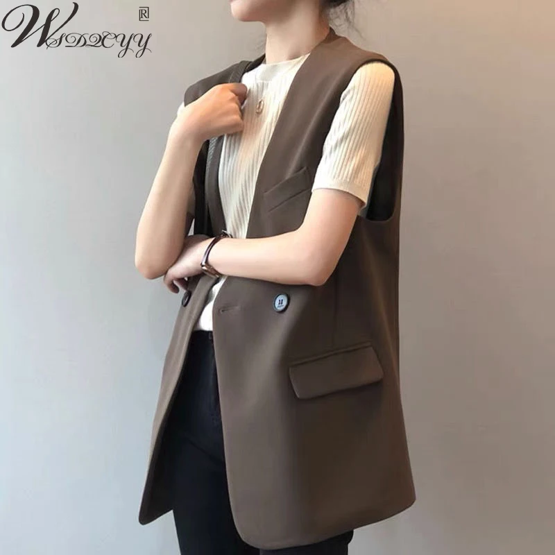 

Women Vintage Loose Suit Vest 2023 Spring Autumn Sleeveless Blazer Coat Ladies Elegant V-Neck Solid Midi-Length Outwear