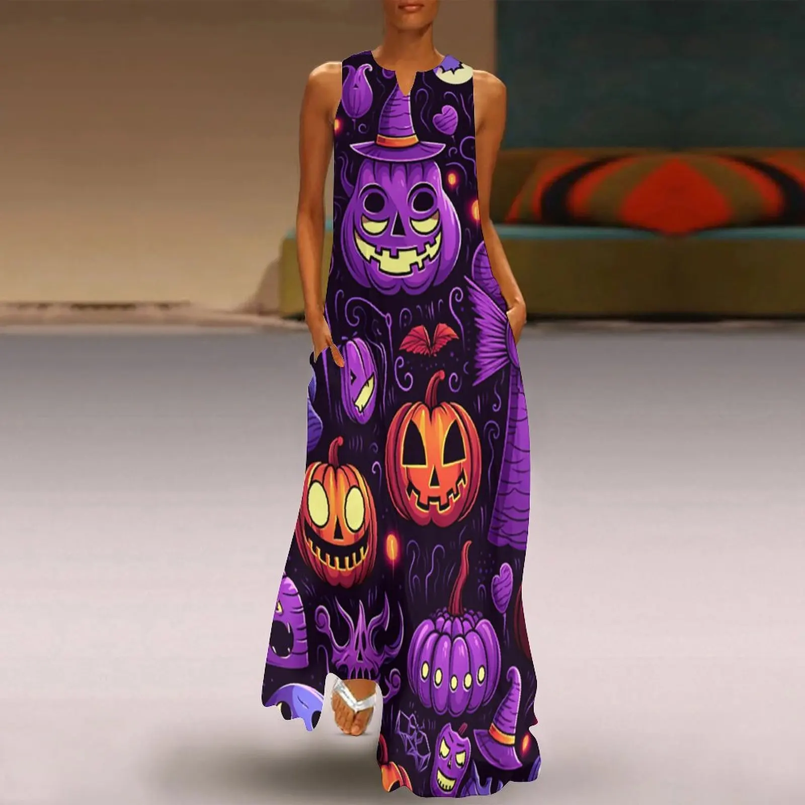 

Fashion Women's Long Dress Summer Halloween PumpkinPrint Dress For WomanVintageEvening Dresses Women
