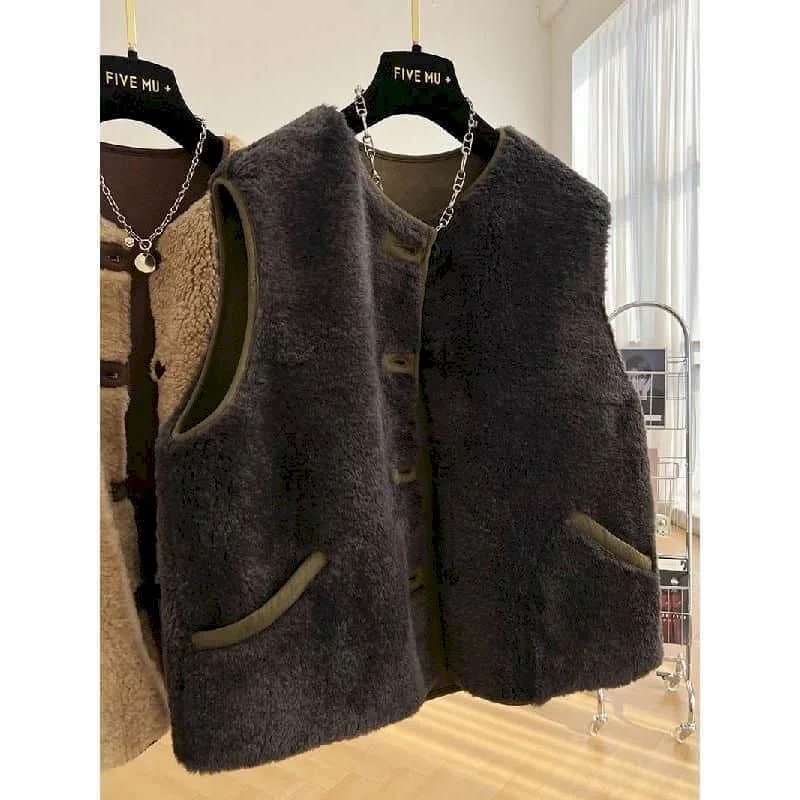 

Fleece Waistcoats for Women Plush Vest O-neck Casual Sleeveless Cardigans Korean Style Suede Lambhair Jackets Loose Women Tops