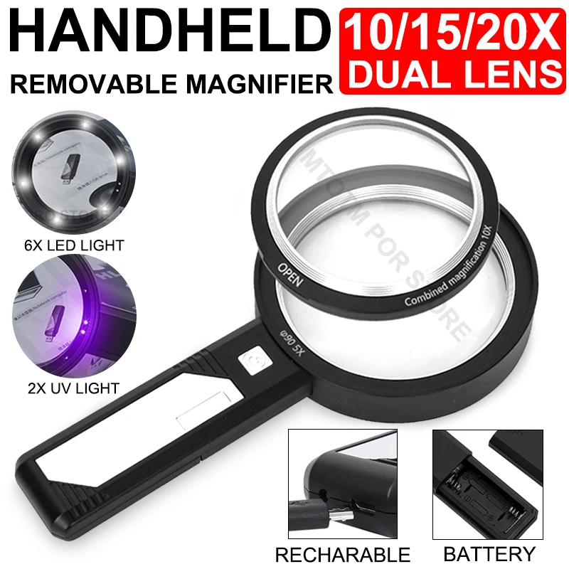 30X 6 LED Magnifying Glass UV Optical Glass Lens Loupe Lupa