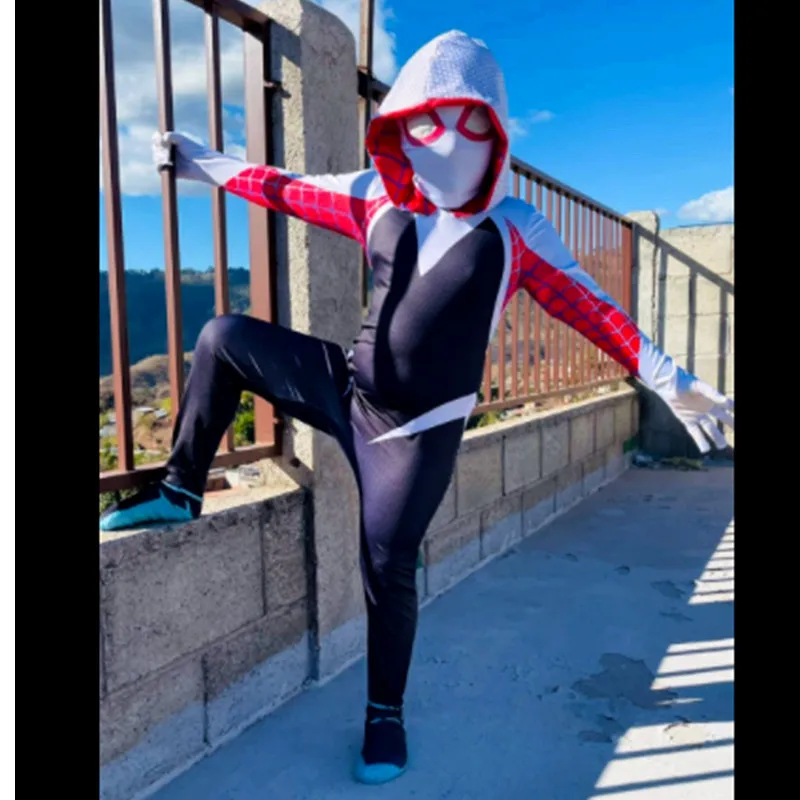 Girls Gwen Superhero Bodysuit Kids Black Costume Halloween Cosplay Jumpsuit Kids Purple Cape Dress Up Masks