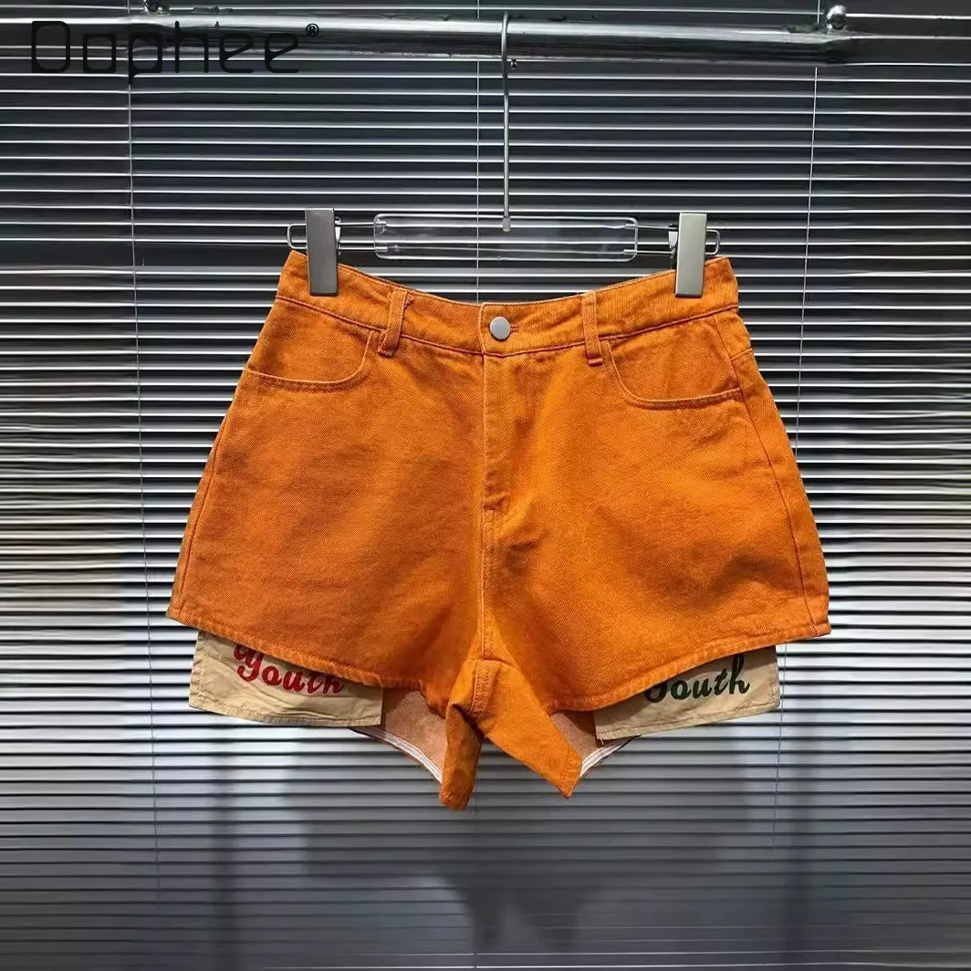 Street Letter Print Shorts Women 2024 Summer New Fashion A Line Hot Pants Contrast Color Casual Female Short Pants Orange