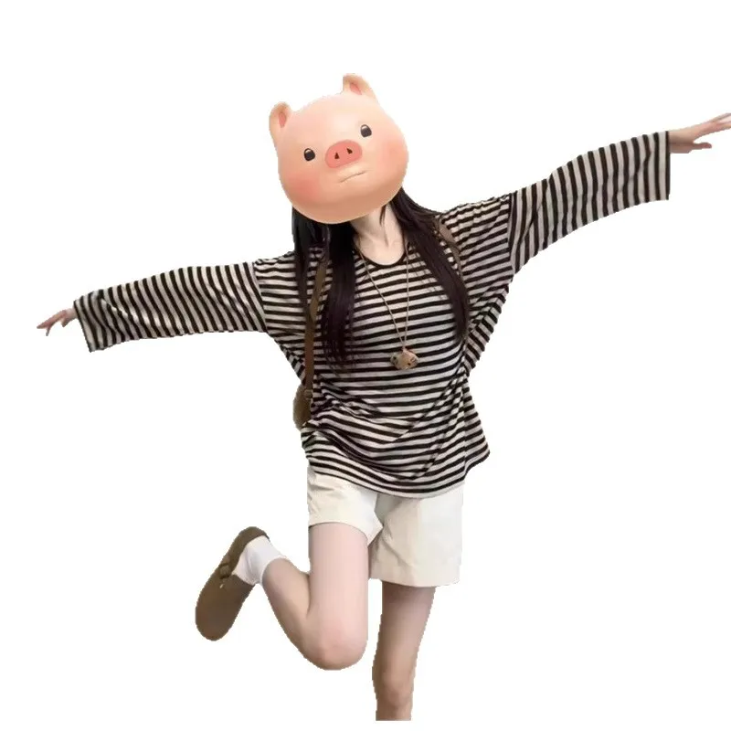 Women Black White Striped Long Sleeve Loose T Shirt