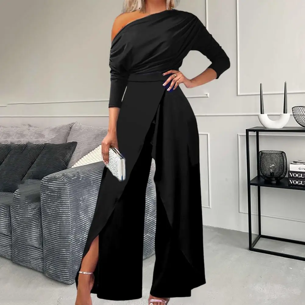 

Lady Playsuit Skew Collar Long Sleeve Waist Tight Women Jumpsuit Elegant Off Shoulder Wide Leg Party Jumpsuit