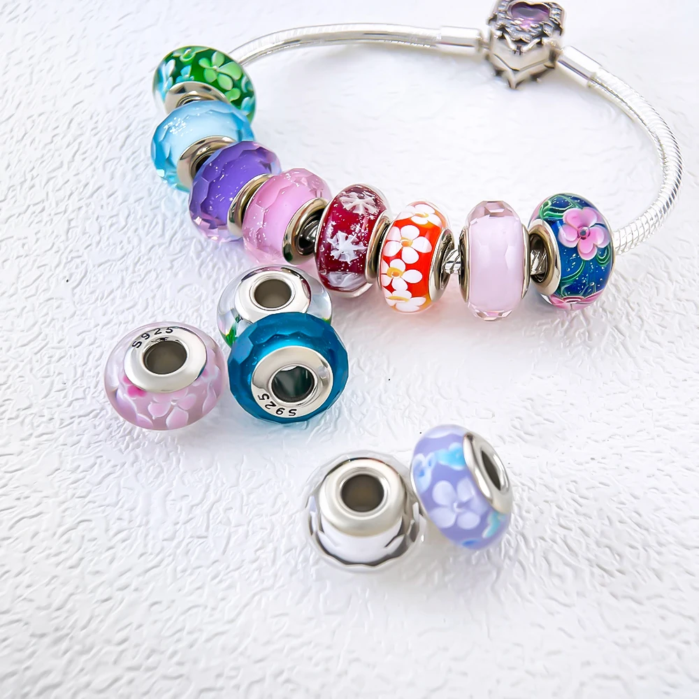 Silver 925 Colorful Flower Series Murano Glass Beads Charm Fit Original Bracelet Murano Glass DIY for Women Jewelry Gift 4