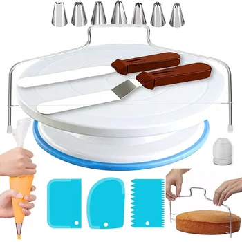 35PCS Cake Plate Rotating Stand Decoration Tool Set 360 Degree Rotation Anti-Slip Sweets Spatula with Scraper for Baking Cakes