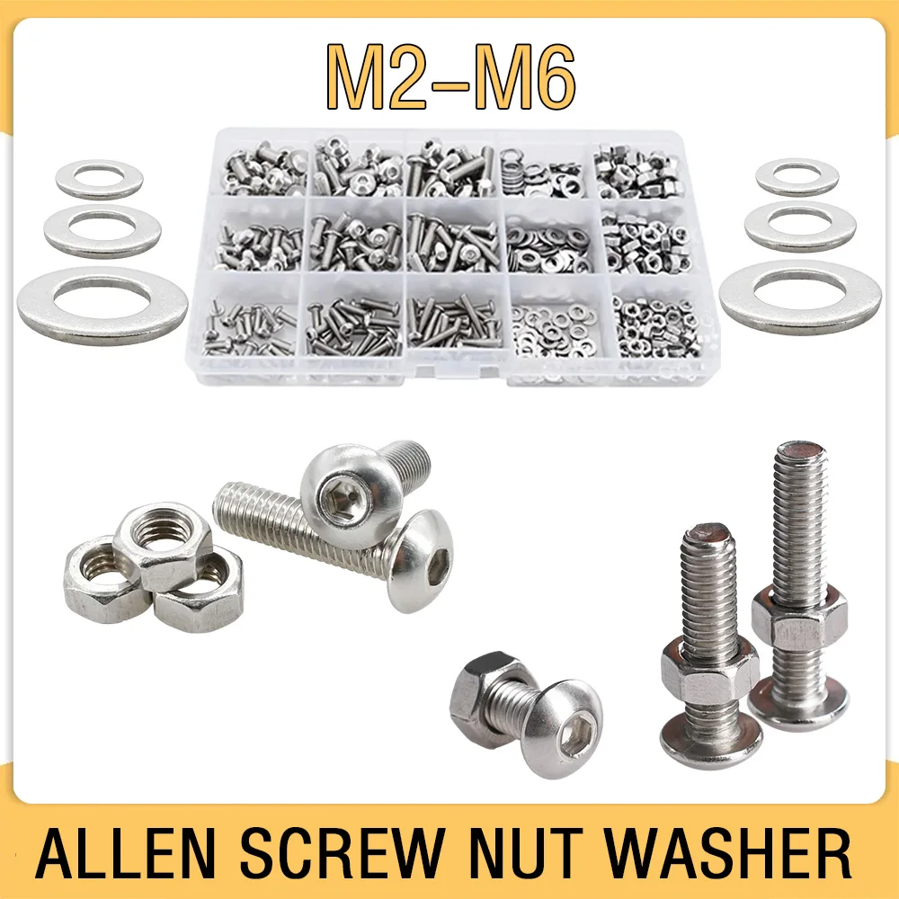 304 Stainless Steel Allen Screw Bolt Nut Washer Set M2 M3 M4 M5 M6 Metric Threaded Hex Machine Screws Nuts Gaskets Kits With Box