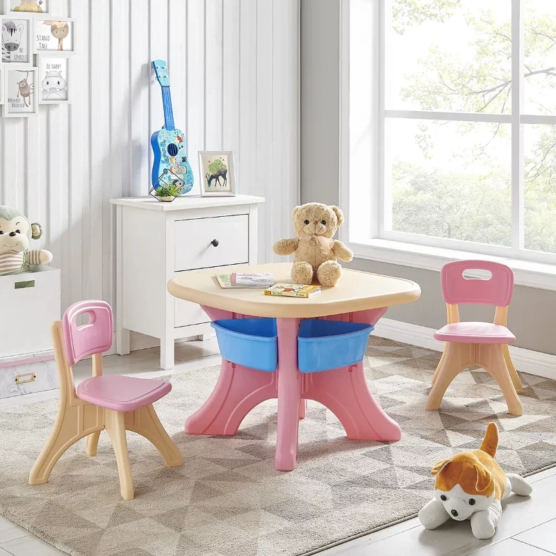 Kidzilla Activity Kids Table and 2PCS Chairs Set with Center Storage Bin for Boy Girl table and chair set for kids , Pink/Beige
