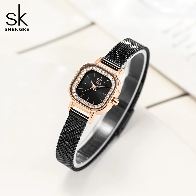 Shengke New Luxury Watch For Women Classic Square Rhinestone Dial Women's Watches Black Milanese Strap Japanese Quartz Movement