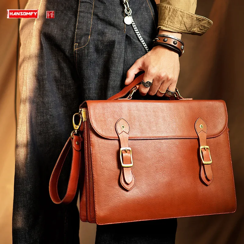 

Genuine Leather Men Handbags Large Capacity Portable Shoulder Briefcase Vintage Messenger Bags Commuter Satchel