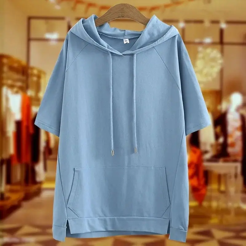 

2024 New Summer Age Reducing Vitality Sports Leisure Loose Oversized Short Sleeved Solid Color Kangaroo Bag Drawstring Hoodie