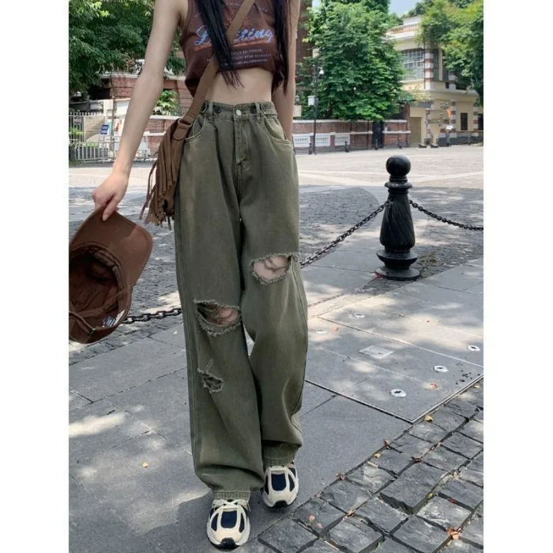 Streetwear Women Hole Do Old Y2k Jeans Spring New Korean Fashion Army Green Pants Vintage High Waist Loose Wide Leg Trousers