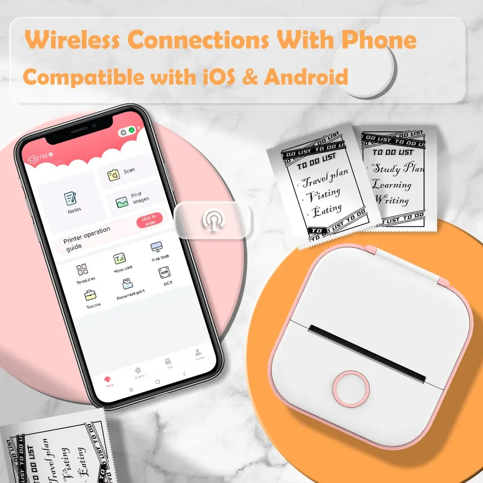 T02 Mini-stickerprinter voor smartphone, bluetooth thermische printer, 203DPI, zakstickers, gekleurd, inclusief 3 papierrollen voor studie, journal, foto's, geschenken en anatomische diagrammen, groen