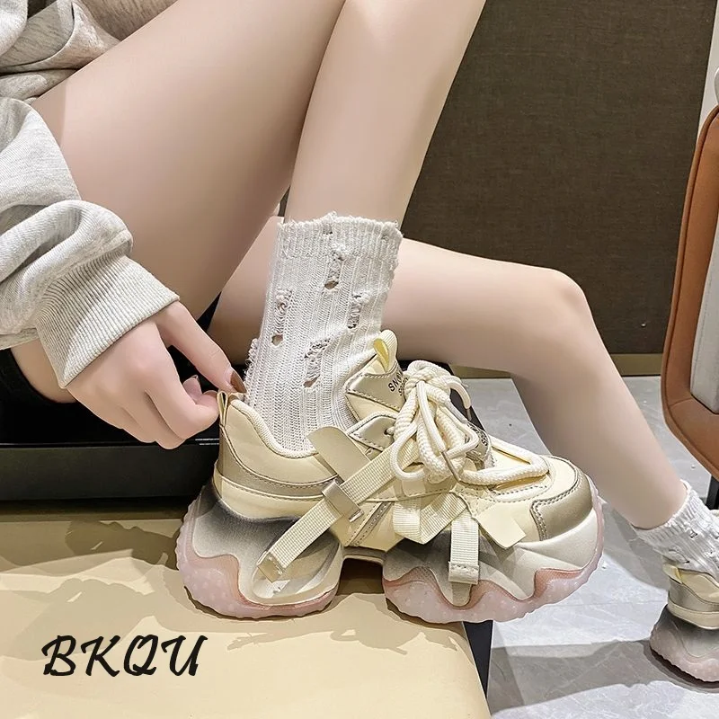 

BKQU Daddy Female Model 2024 New Spring Hot Selling Thick Bottom Increase Casual Sports Shoes Muffin Bottom Japanese