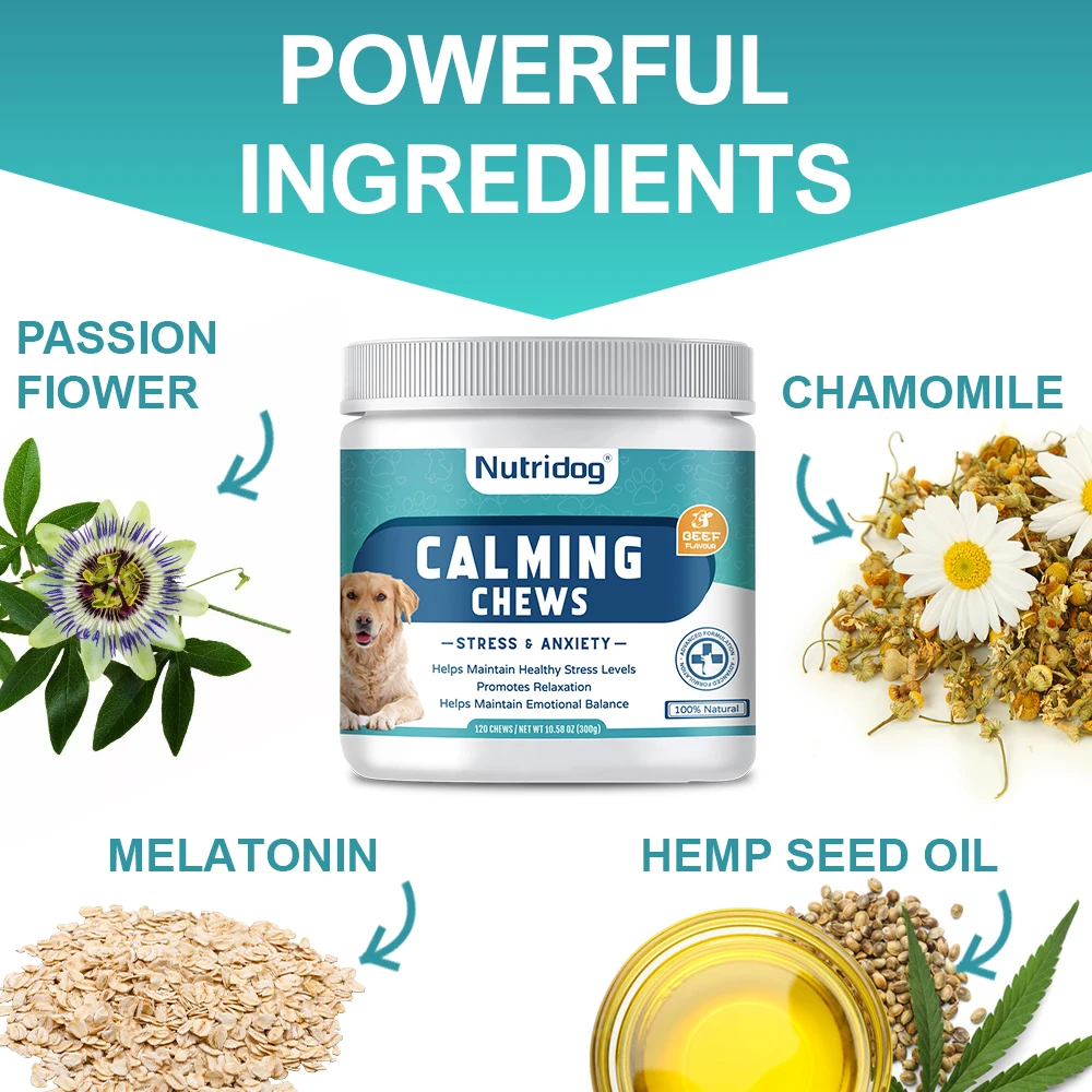 Calming Supplement Chews for Dogs Anxiety Relief with Melatonin Hemp Seeds Chamomile Stress Relief for Thunderstorms 120Ct