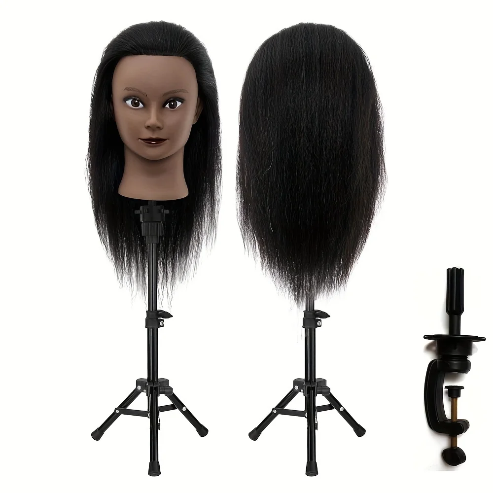 Real Hair Mannequin Head 18inch Braided Mannequin Head with Small Stand, Synthetic Strap for Hair Styling T