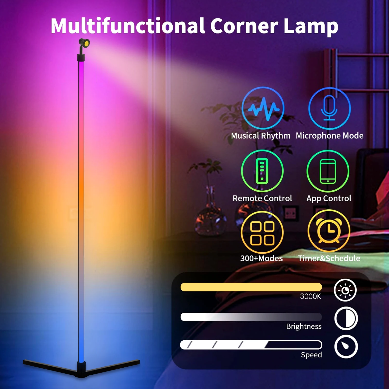 Smart RGB Corner Floor Lamp - 16 Million Colors, App & Remote Control, Music Sync - Modern LED Standing Lamp For Living Room & Bedroom