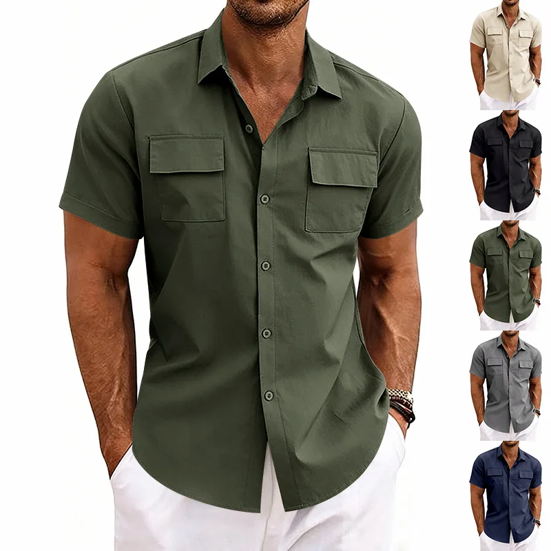 Polo a maniche corte casual da uomo, estiva, traspirante, elastica, con doppia tasca, stile workwear, alla moda, per il tempo libero urbano - immagine 2