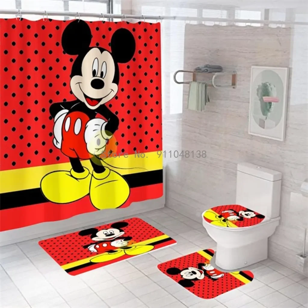 4pcs Disney Mickey Mouse Print Shower Curtain Carpet Colorful Toilet Cover Bath Mat Rug Pad Set Bathroom Curtain Hooks