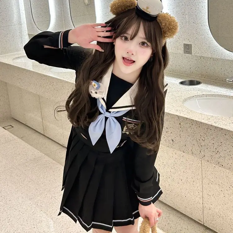 Japan JK College Sailor Suit Navy Collar Top Pleated Skirt Two-Piece Set Women Bow Embroidery Sweet Fashion Color Contrast 2024