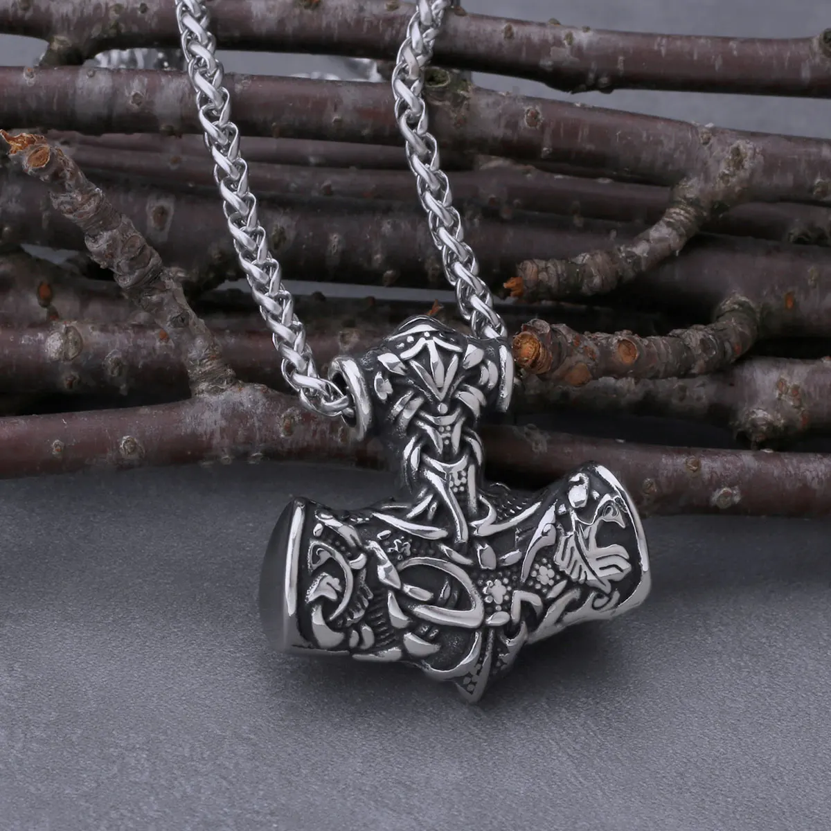 Viking Dragon Pendant Necklace - Retro Thor's Hammer Design in Stainless Steel Jewelry