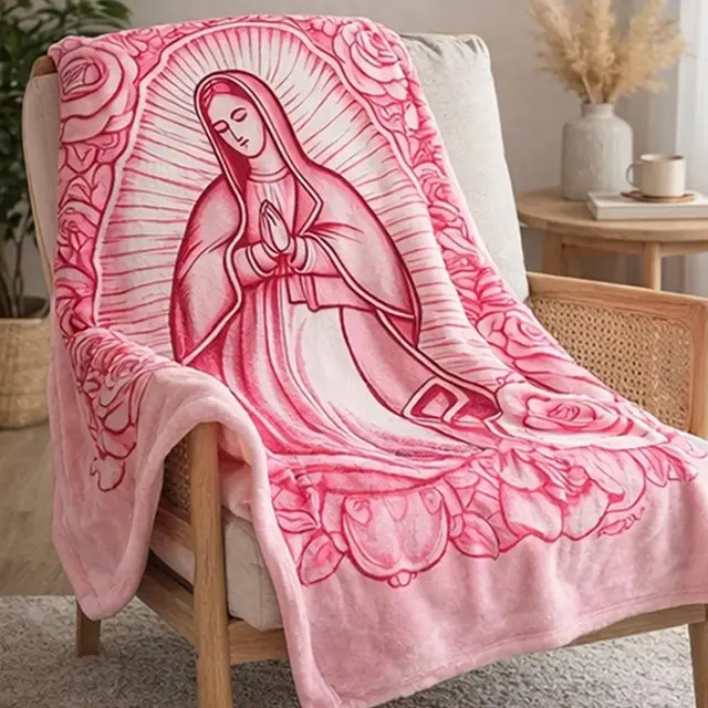 Pink Mary Floral Virgin Mary Flannel Blanket, Super Soft Prayer Throw for Mom, Grandma, Valentine's Day