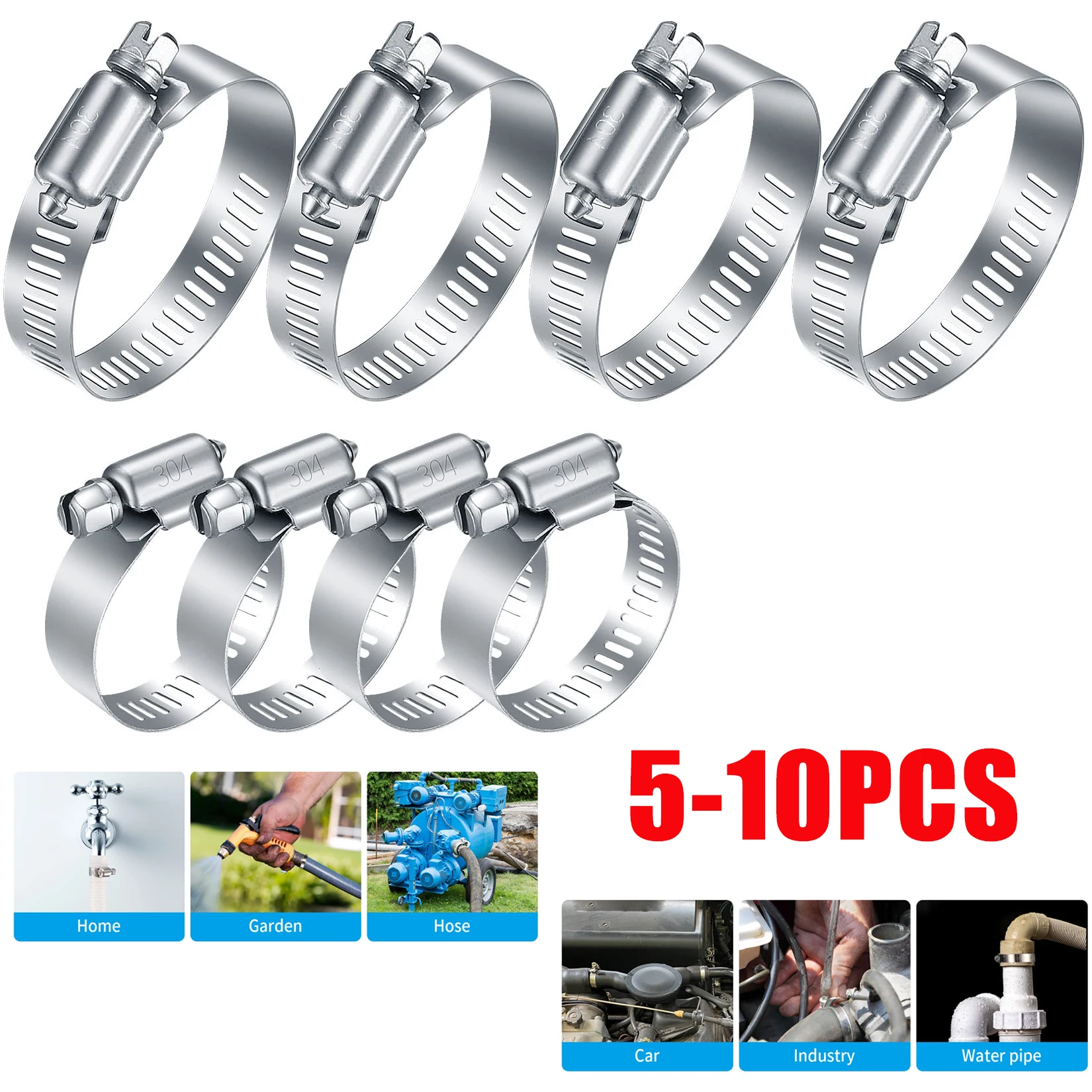 5/10PCS Stainless Steel Hose Clamp Adjustable 6 to 152mm Assortment Kit Worm Gear Metal Fuel Line Clamp for Plumbing Automotive