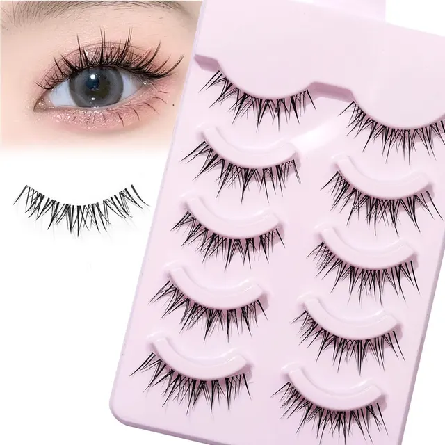 5 Pairs of Natural Slender Long Fish Tail Cross Eye Tail Elongated False Eyelashes Comic Fake Eyelashes