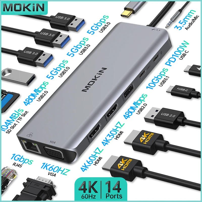 

MOKiN 14 in 1 Thunderbolt Docking Station for MacBook Air/Pro, iPad, Laptop - USB2.0, HDMI 4K30Hz, PD 100W, SD, RJ45 1Gbps