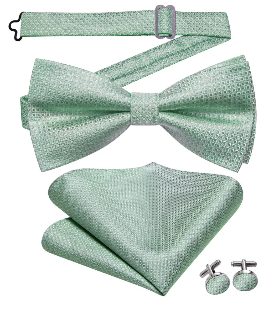 Hi-Tie Jacquard Sage Green Bowties for Men Silk Butterfly Tie Bow Tie Hanky Cufflinks Wedding Party Gift Bowtie