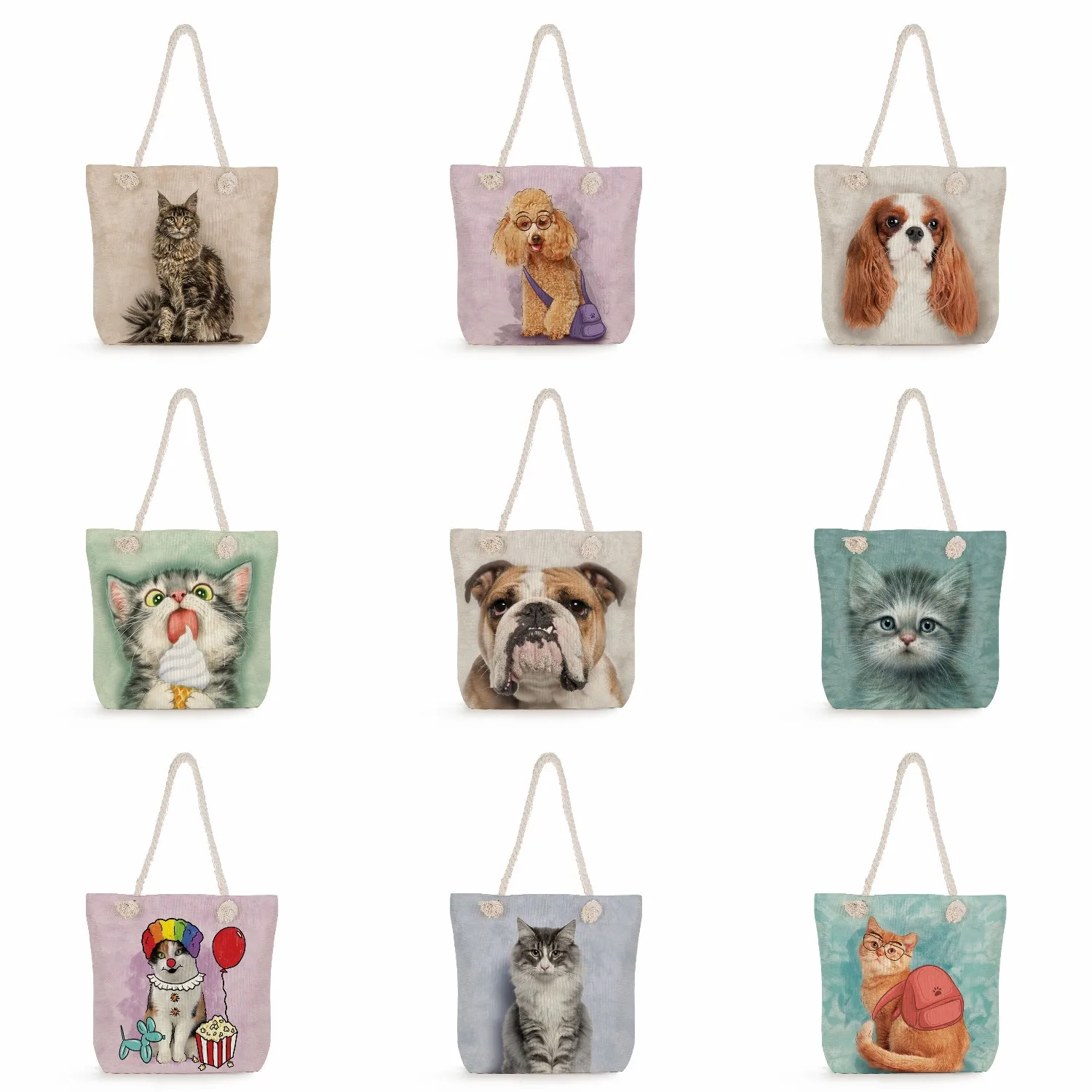 

Eco Reusable Women Shopping Tote Bag Casual High Capacit Thick Rope Beach Bags Cute Cartoon Cat Dog Print Polyester Handbags