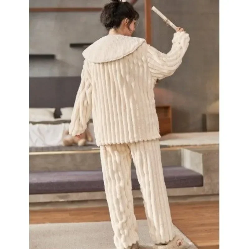 Pajamas Women Winter Homewear Coral Fleece Loose Cute Girl Thickened Pregnant Famale Warm Home Suit Lady Two Piece Sleep Clothes