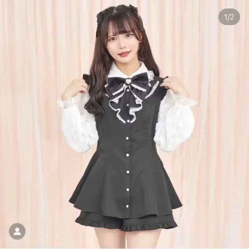 2 Piece Sets Women Outfits SC Suit Rojita Long Sleeve Lace Knot Black Shirt Waist-Tight Single-Breasted Top and Shorts Lady 4