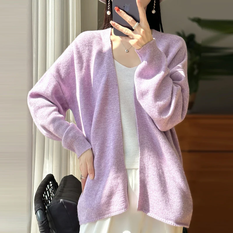 

2023 Winter/Autumn New Fashion 100% Wool Cardigan Women's Long Sleeve Knit Jacket Lady Tops Female Loose Large Size Sweater