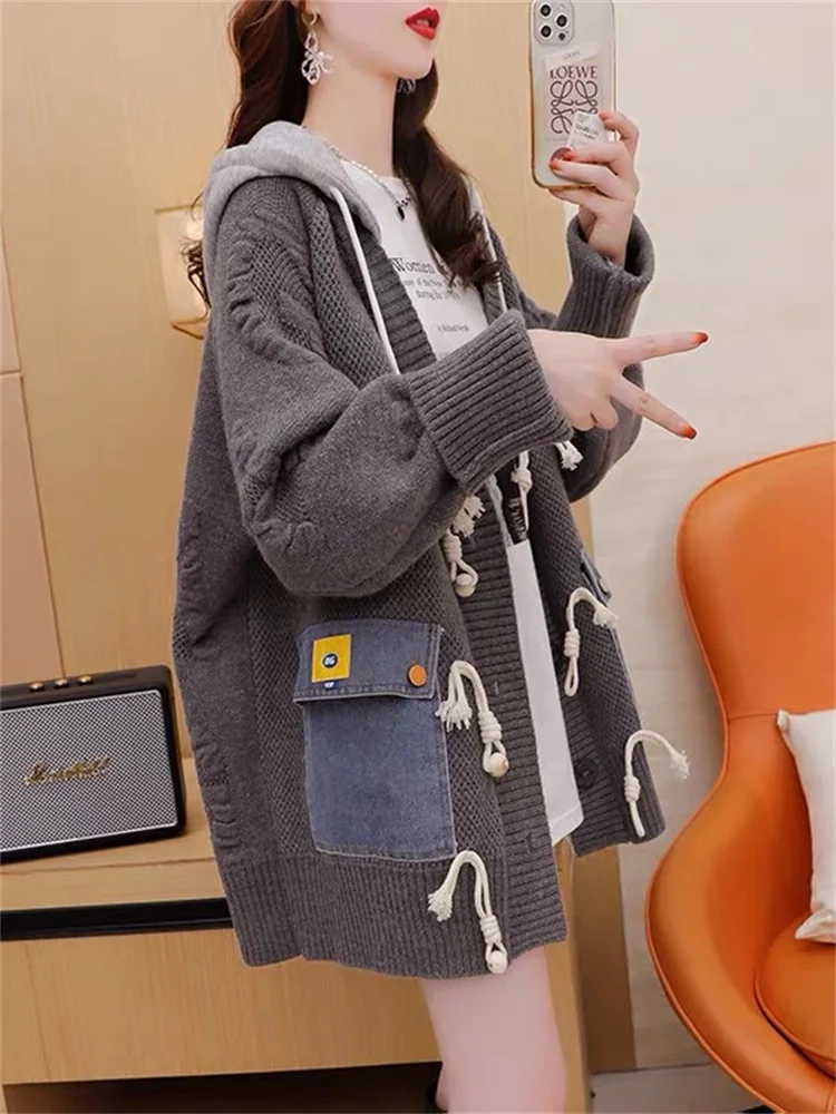 

Hsa Women WInter Sweater Cardigans Long Pockets Patchwork Knitted Jackets Button Up Hooded Sweater Jackets Warm Thick Sweaters