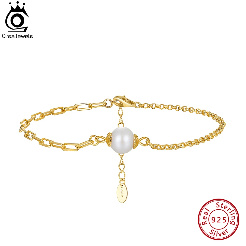 

ORSA JEWELS 925 Sterling Silver Cuban Chain Bracelet with Real Natural Pearl for Women Vintage Hand Chain Jewelry GPB33